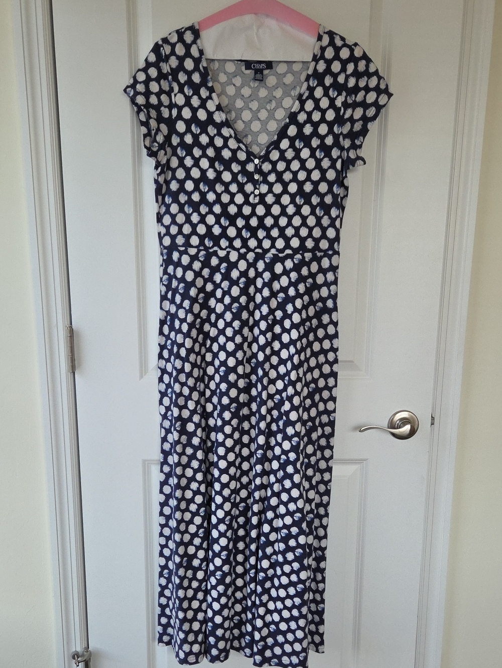 Chaps Navy and White Polka Dot V-Neck Maxi Dress with Cap Sleeves